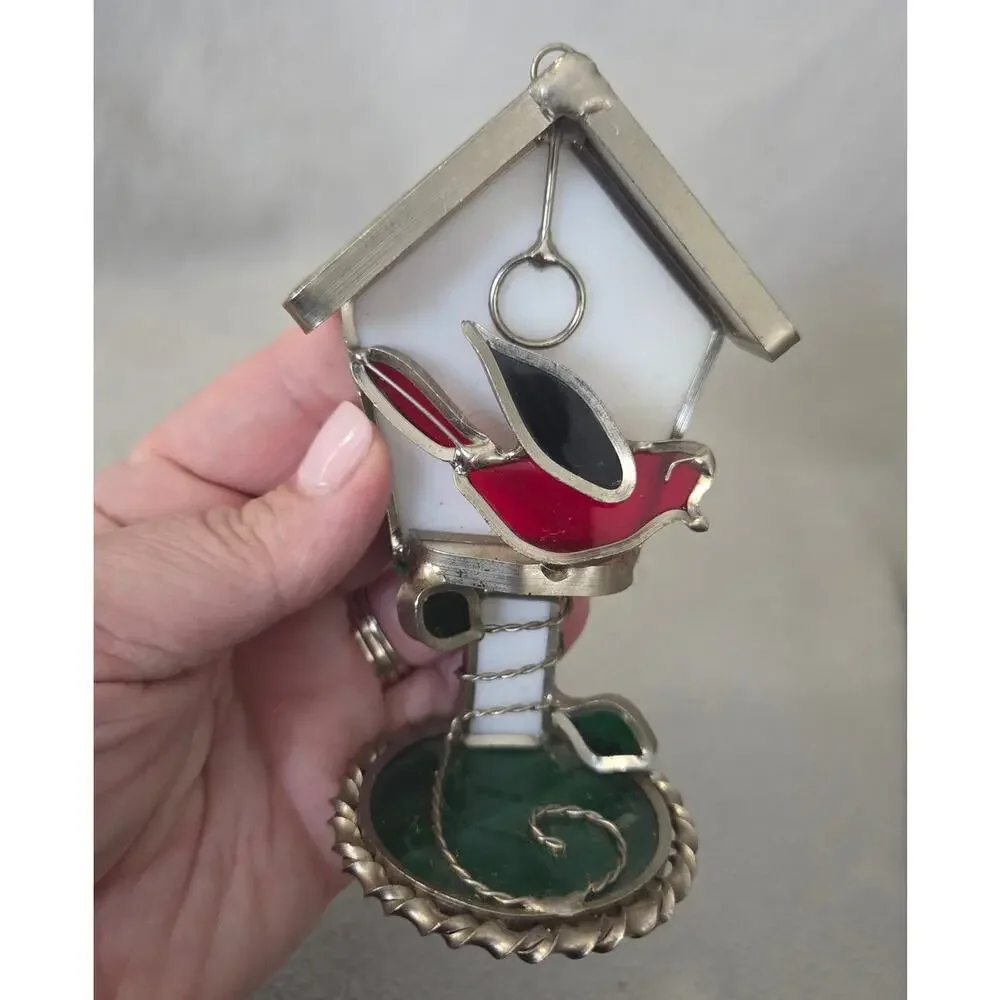 3d Stained Glass Suncatcher Bird House Red Bird Cardinal White